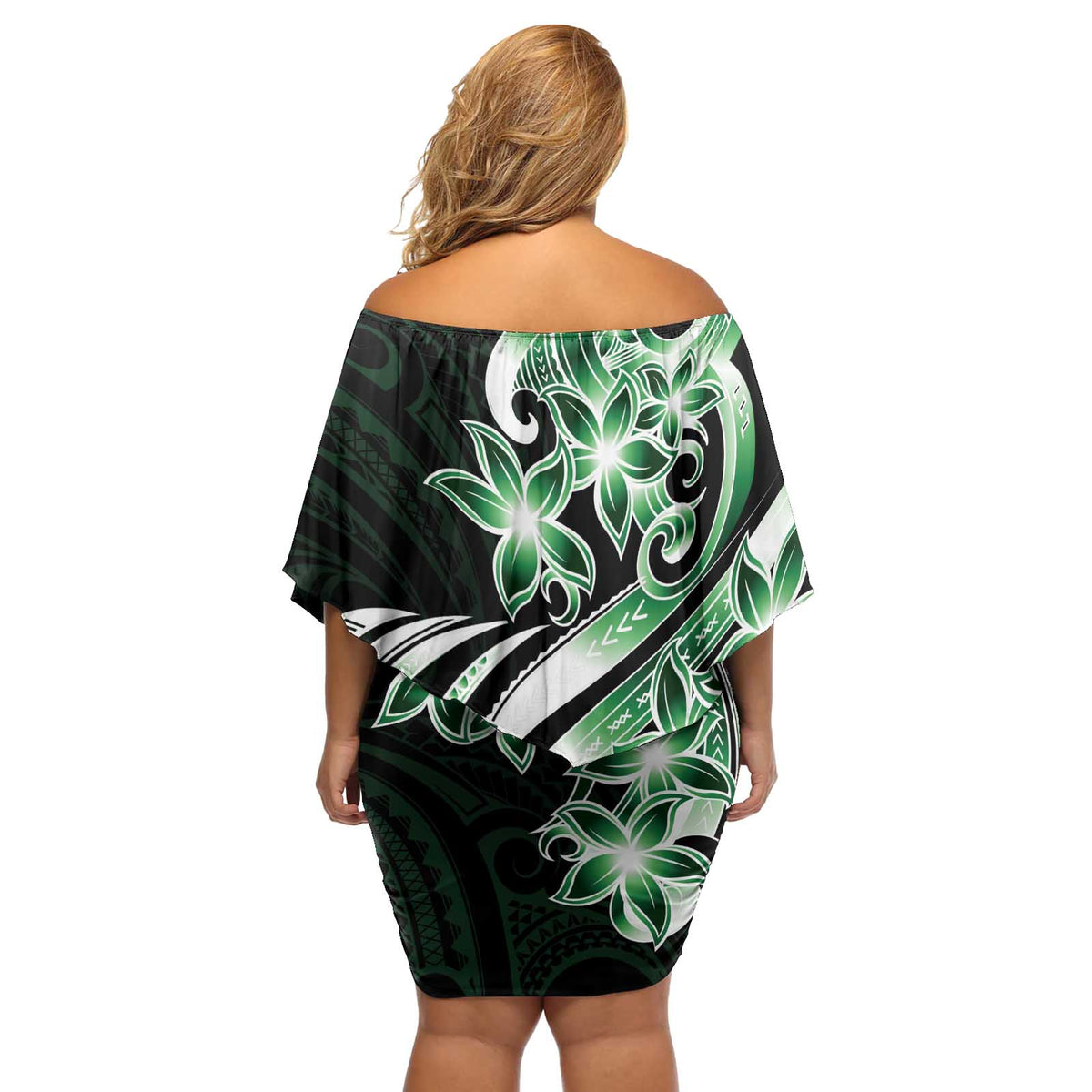 Plumeria Tribal Tattoo Off Shoulder Short Dress Green Polynesian Pattern LT9 - Polynesian Pride