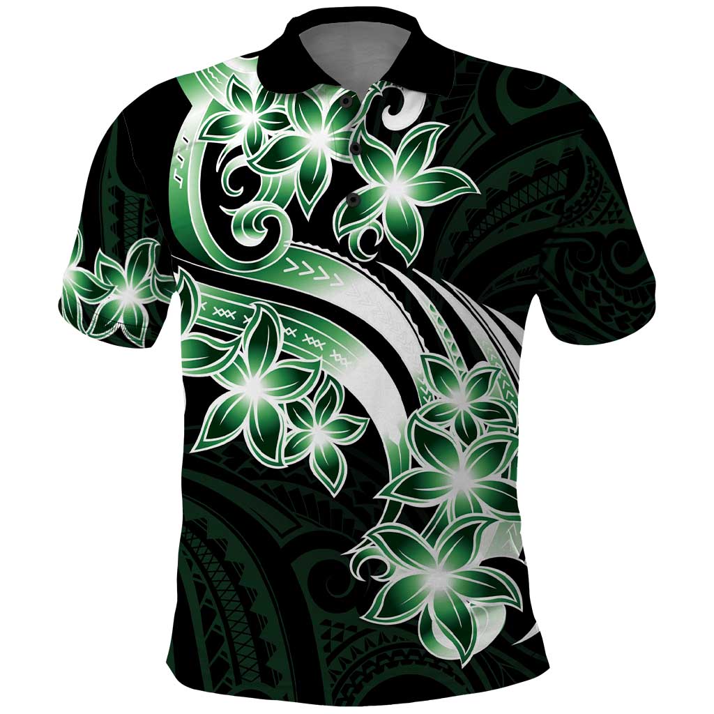 Plumeria Tribal Tattoo Polo Shirt Green Polynesian Pattern