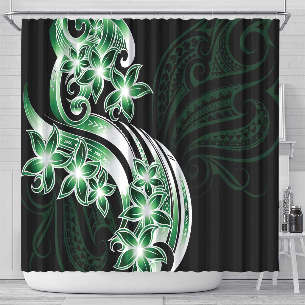 Plumeria Tribal Tattoo Shower Curtain Green Polynesian Pattern