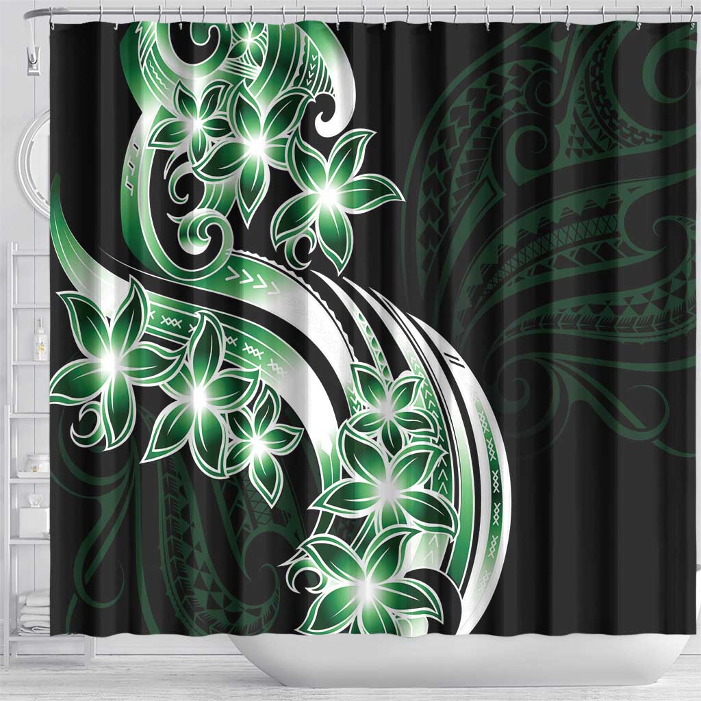 Plumeria Tribal Tattoo Shower Curtain Green Polynesian Pattern
