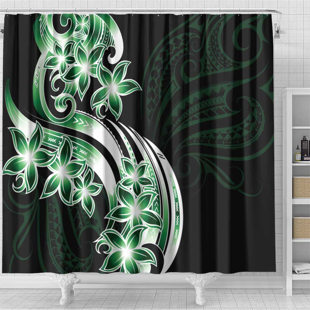 Plumeria Tribal Tattoo Shower Curtain Green Polynesian Pattern