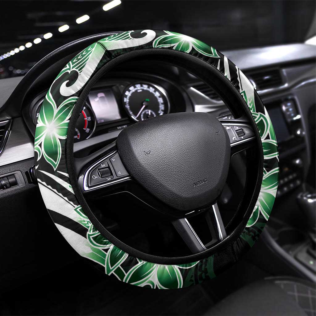 Plumeria Tribal Tattoo Steering Wheel Cover Green Polynesian Pattern