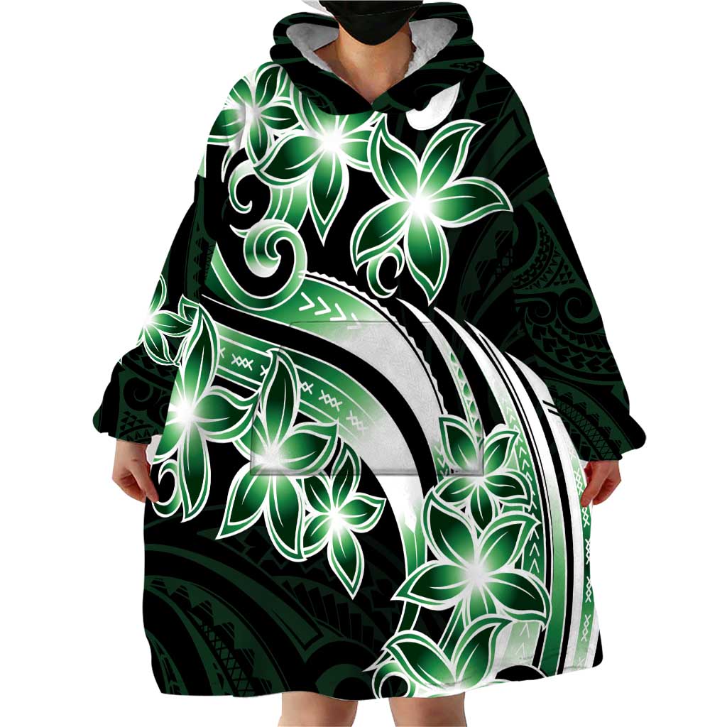 Plumeria Tribal Tattoo Wearable Blanket Hoodie Green Polynesian Pattern LT9 - Polynesian Pride