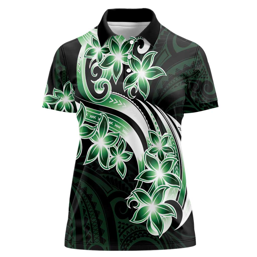 Plumeria Tribal Tattoo Women Polo Shirt Green Polynesian Pattern