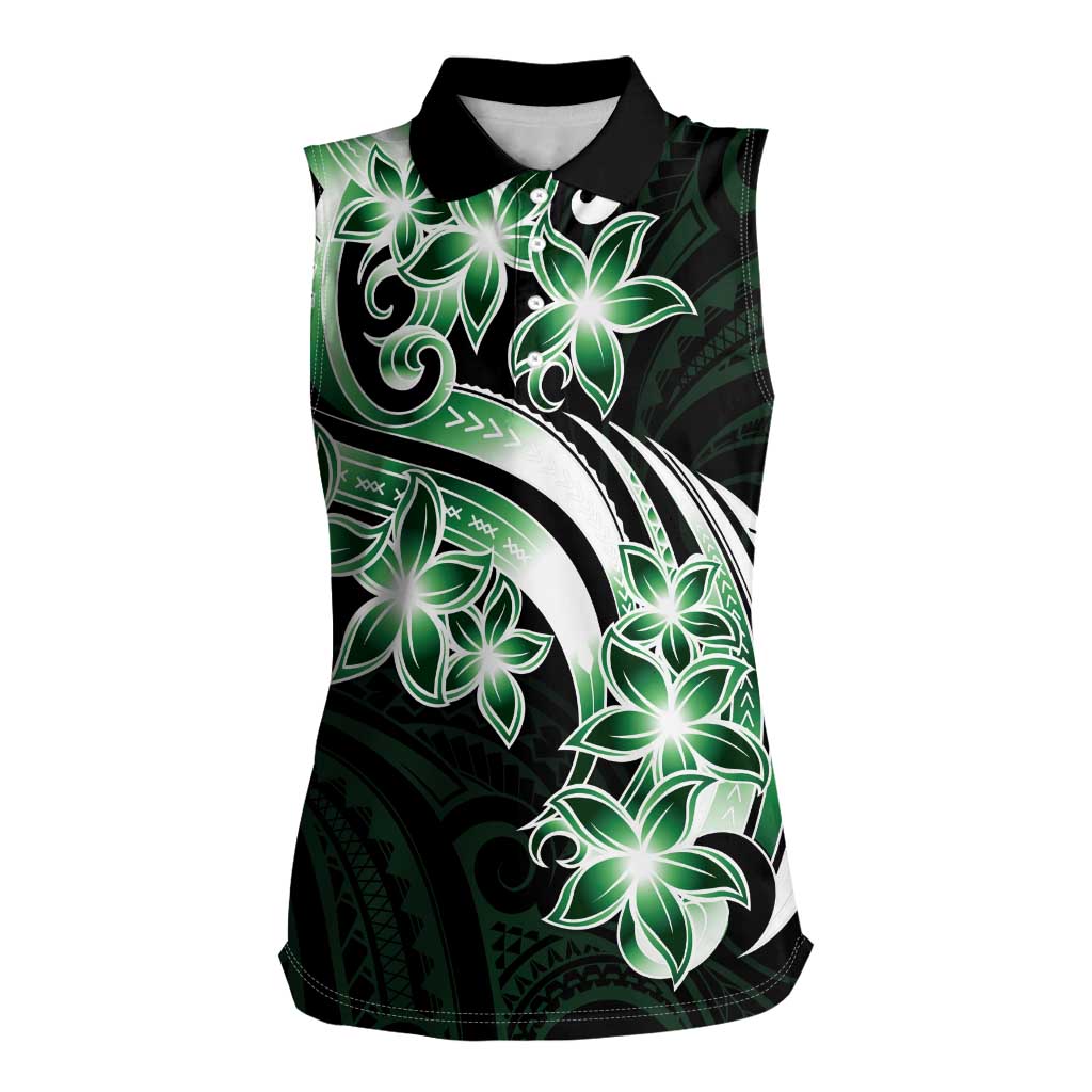 Plumeria Tribal Tattoo Women Sleeveless Polo Shirt Green Polynesian Pattern