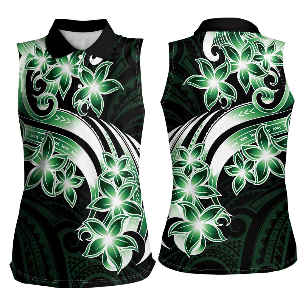 Plumeria Tribal Tattoo Women Sleeveless Polo Shirt Green Polynesian Pattern