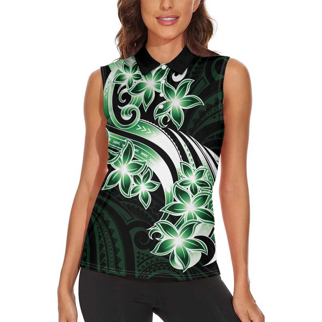 Plumeria Tribal Tattoo Women Sleeveless Polo Shirt Green Polynesian Pattern
