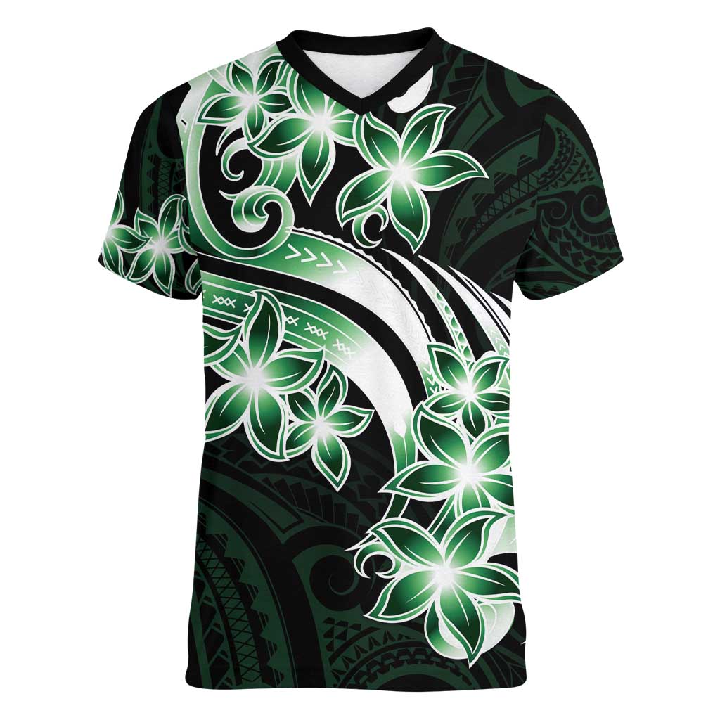Plumeria Tribal Tattoo Women V-Neck T-Shirt Green Polynesian Pattern LT9 Female Green - Polynesian Pride