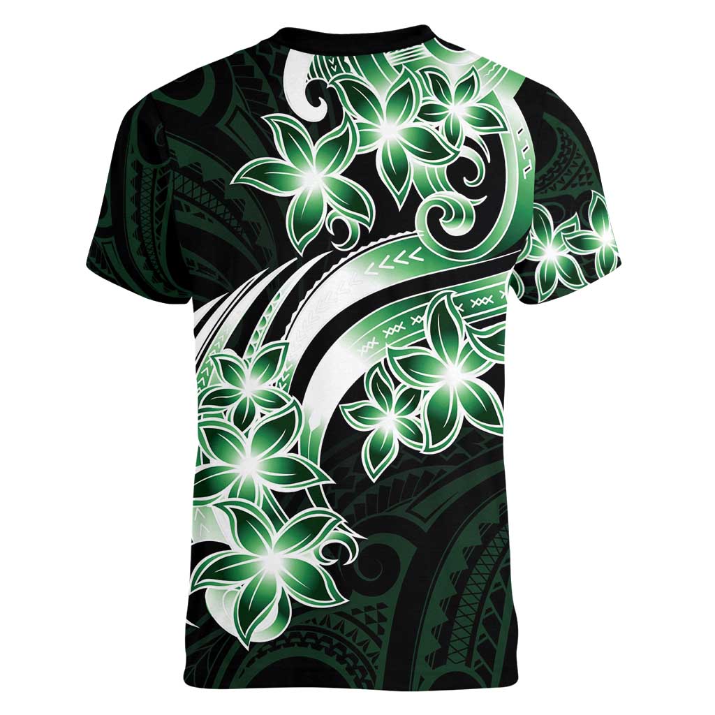Plumeria Tribal Tattoo Women V-Neck T-Shirt Green Polynesian Pattern LT9 - Polynesian Pride
