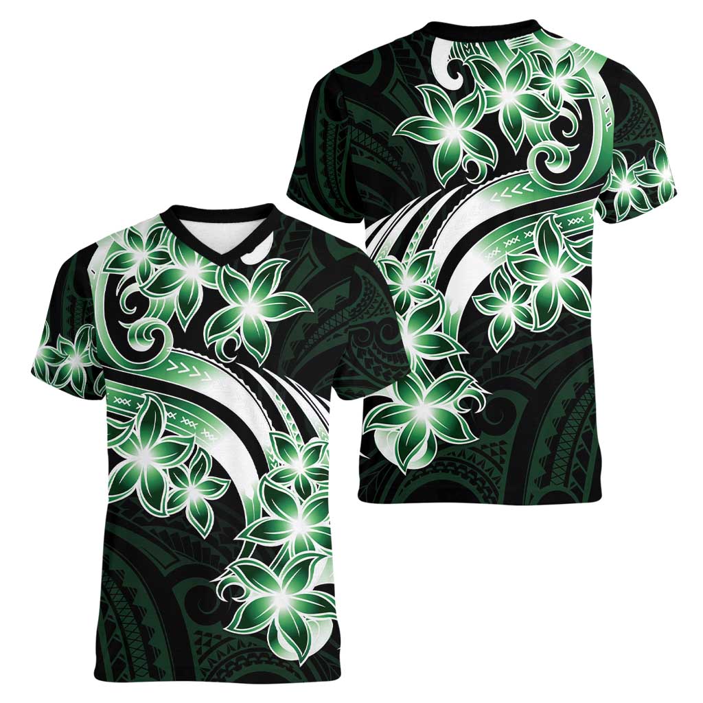 Plumeria Tribal Tattoo Women V-Neck T-Shirt Green Polynesian Pattern LT9 - Polynesian Pride