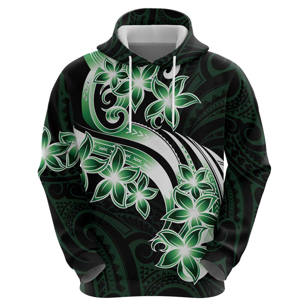 Plumeria Tribal Tattoo Zip Hoodie Green Polynesian Pattern