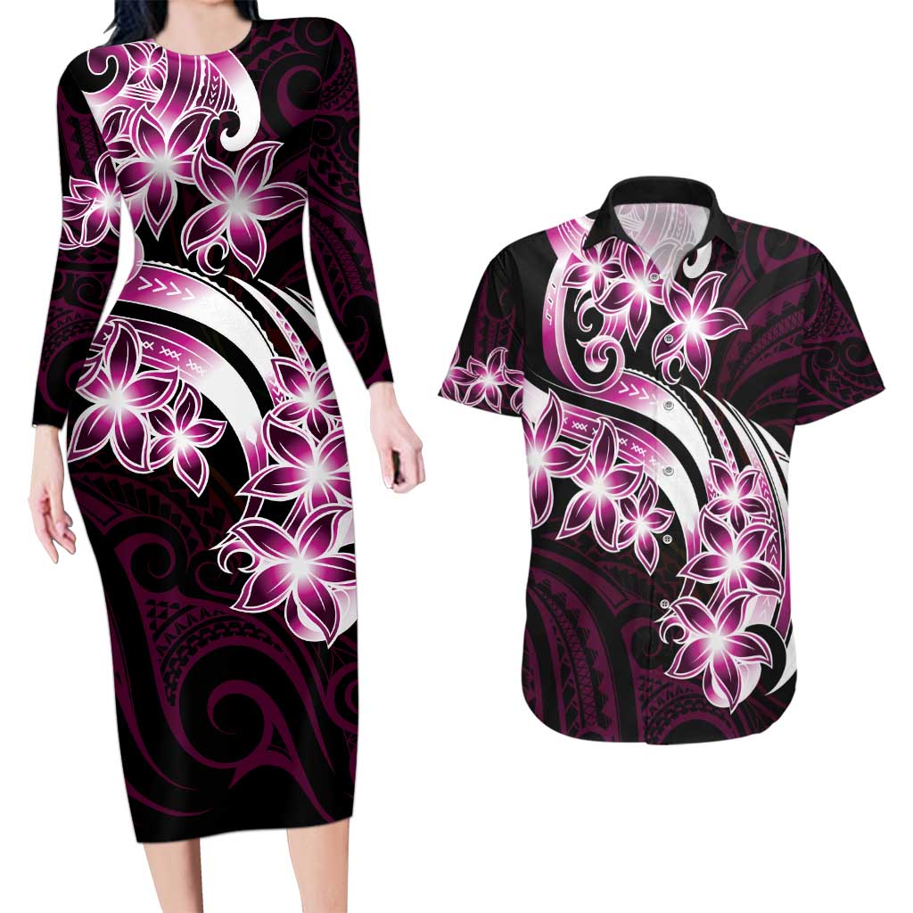 Plumeria Tribal Tattoo Couples Matching Long Sleeve Bodycon Dress and Hawaiian Shirt Pink Polynesian Pattern LT9 Pink - Polynesian Pride