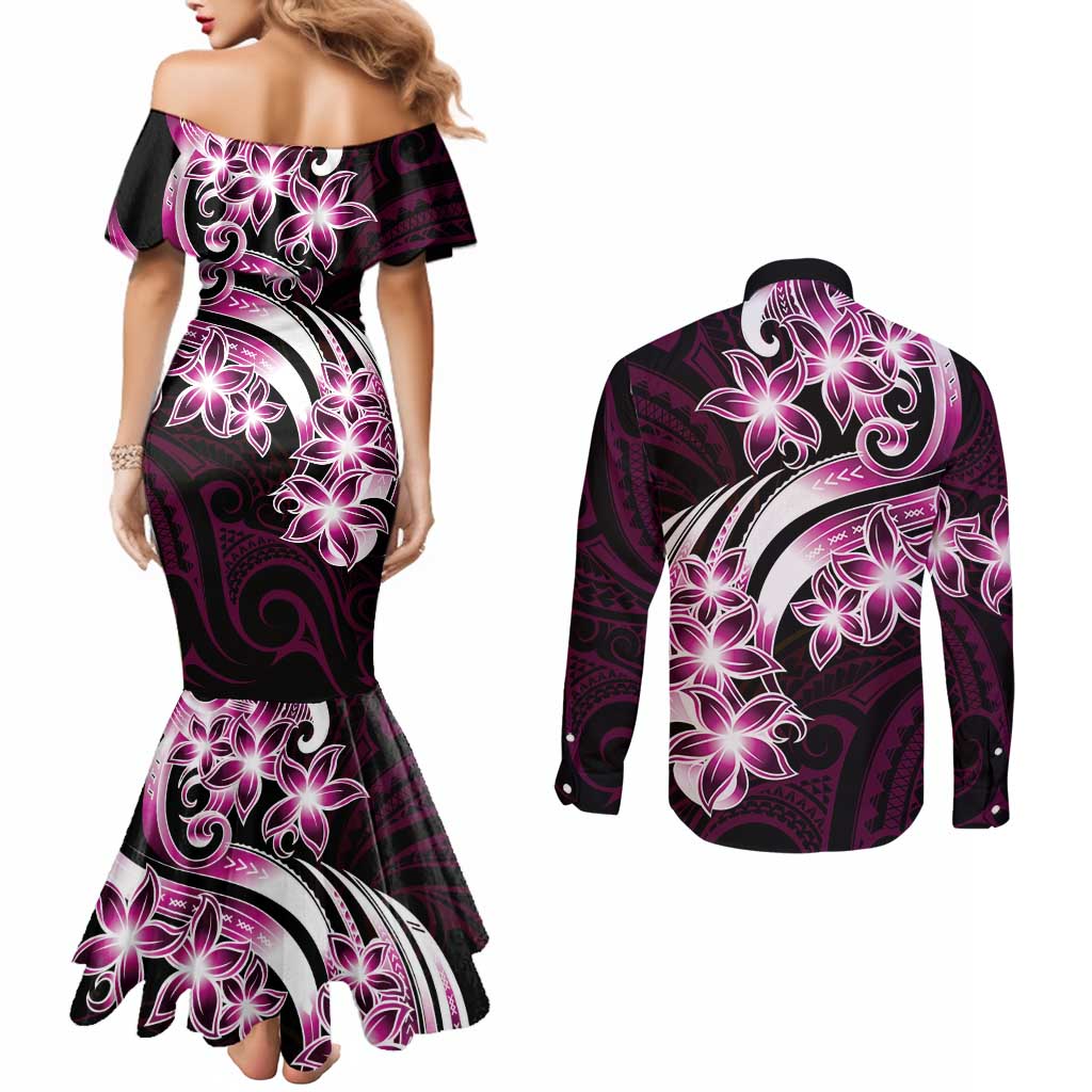 Plumeria Tribal Tattoo Couples Matching Mermaid Dress and Long Sleeve Button Shirt Pink Polynesian Pattern LT9 - Polynesian Pride