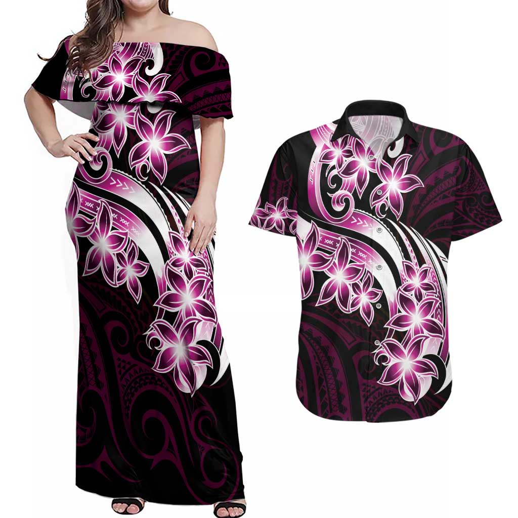 Plumeria Tribal Tattoo Couples Matching Off Shoulder Maxi Dress and Hawaiian Shirt Pink Polynesian Pattern