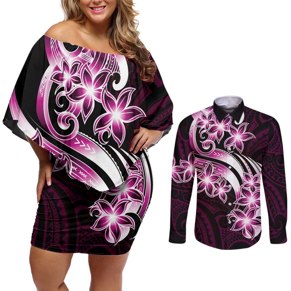 Plumeria Tribal Tattoo Couples Matching Off Shoulder Short Dress and Long Sleeve Button Shirt Pink Polynesian Pattern LT9 Pink - Polynesian Pride