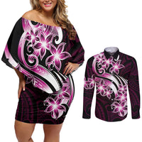 Plumeria Tribal Tattoo Couples Matching Off Shoulder Short Dress and Long Sleeve Button Shirt Pink Polynesian Pattern LT9 Pink - Polynesian Pride