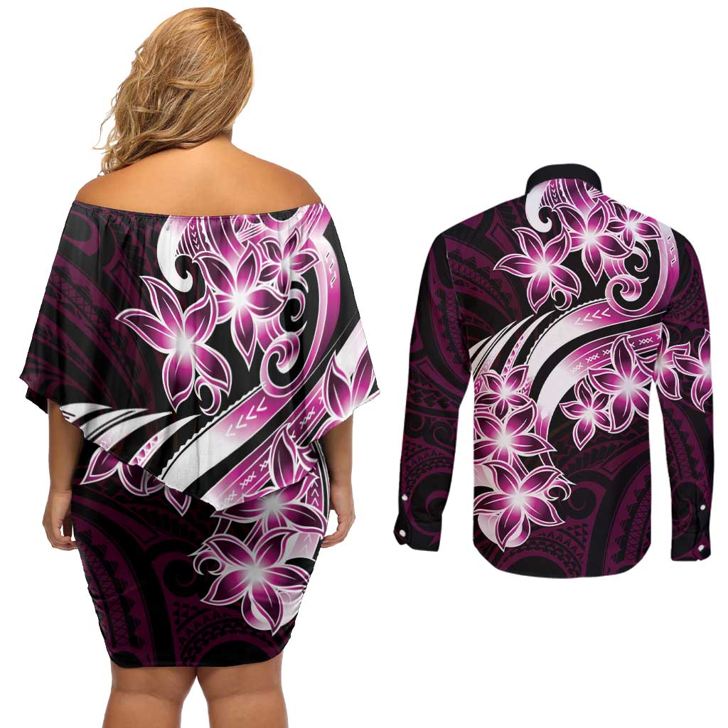Plumeria Tribal Tattoo Couples Matching Off Shoulder Short Dress and Long Sleeve Button Shirt Pink Polynesian Pattern LT9 - Polynesian Pride