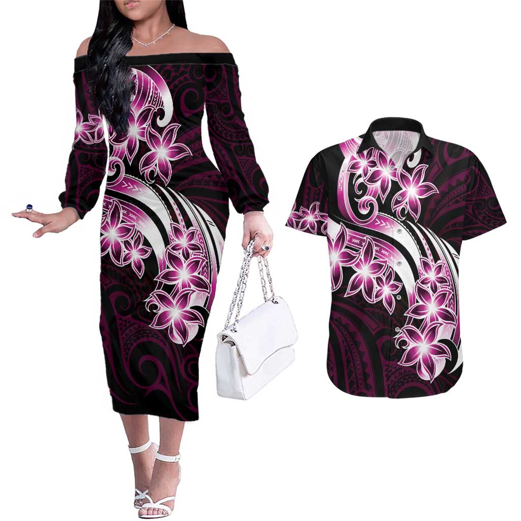 Plumeria Tribal Tattoo Couples Matching Off The Shoulder Long Sleeve Dress and Hawaiian Shirt Pink Polynesian Pattern LT9 Pink - Polynesian Pride