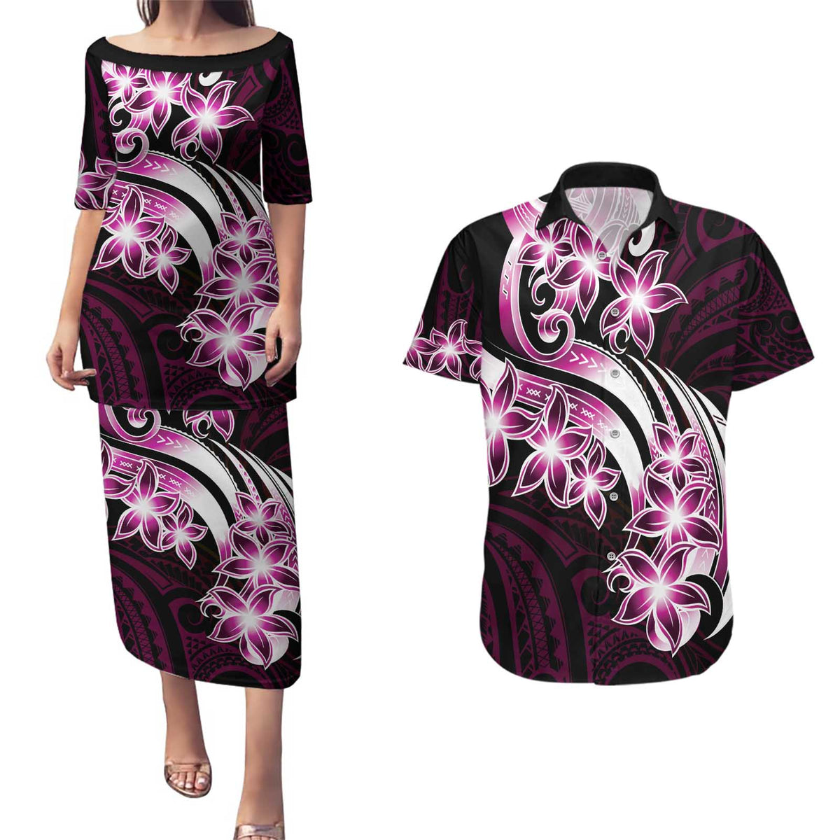 Plumeria Tribal Tattoo Couples Matching Puletasi and Hawaiian Shirt Pink Polynesian Pattern LT9 Pink - Polynesian Pride