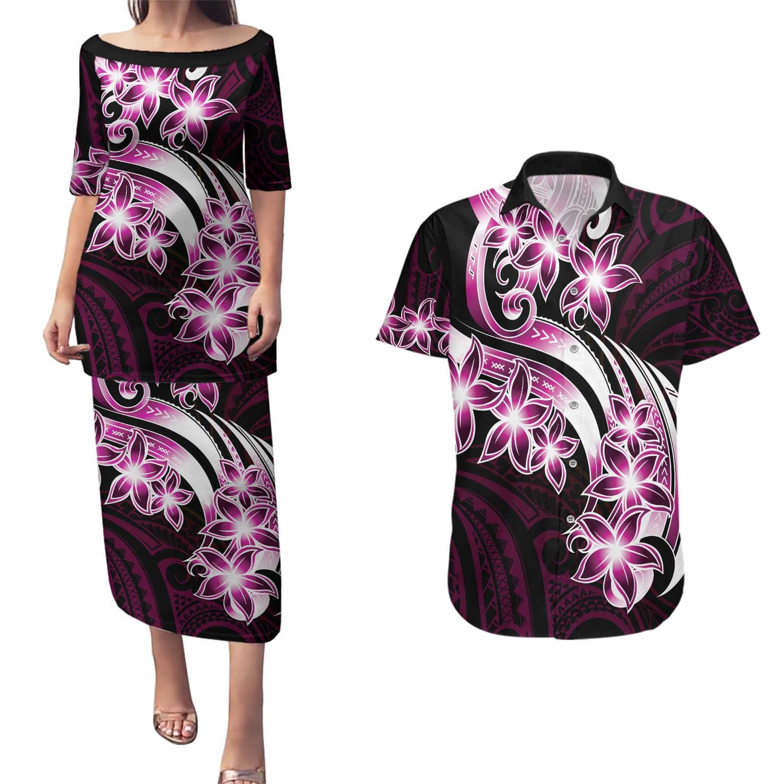 Plumeria Tribal Tattoo Couples Matching Puletasi and Hawaiian Shirt Pink Polynesian Pattern LT9 Pink - Polynesian Pride