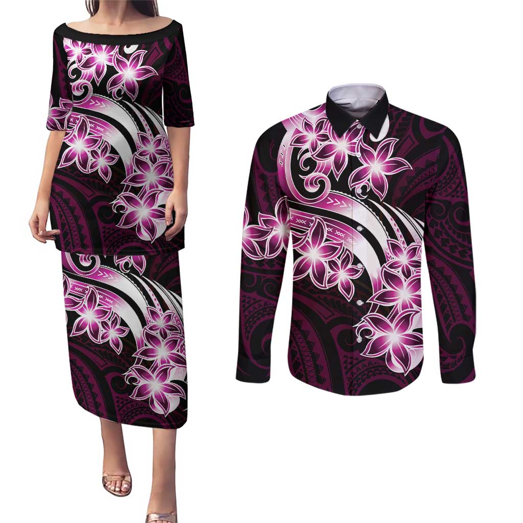 Plumeria Tribal Tattoo Couples Matching Puletasi and Long Sleeve Button Shirt Pink Polynesian Pattern LT9 Pink - Polynesian Pride