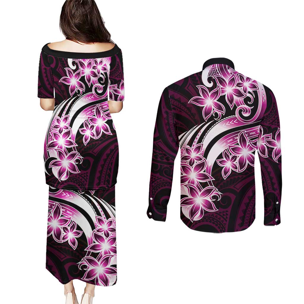 Plumeria Tribal Tattoo Couples Matching Puletasi and Long Sleeve Button Shirt Pink Polynesian Pattern LT9 - Polynesian Pride