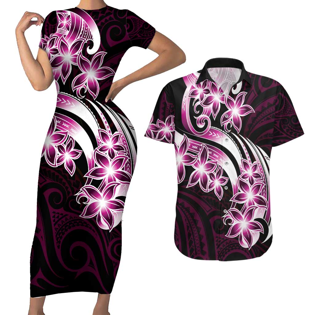 Plumeria Tribal Tattoo Couples Matching Short Sleeve Bodycon Dress and Hawaiian Shirt Pink Polynesian Pattern LT9 Pink - Polynesian Pride