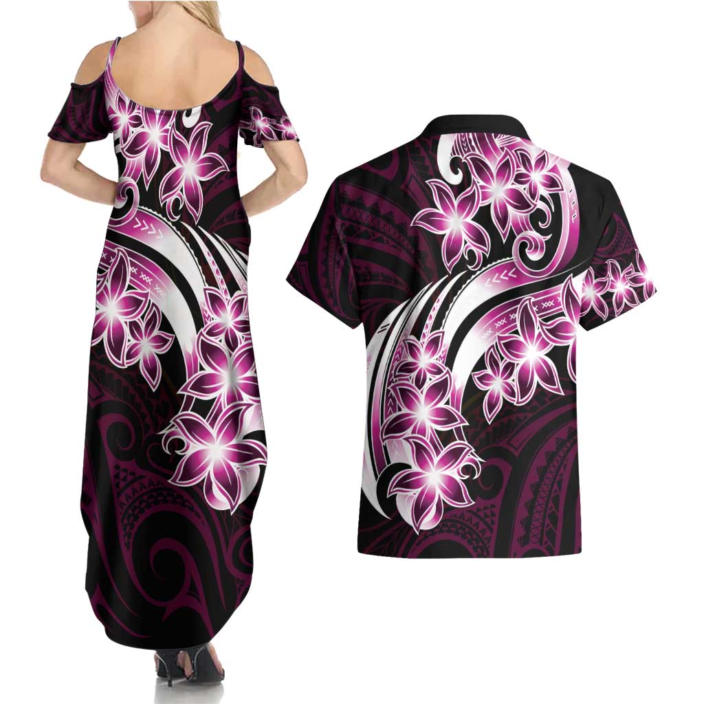 Plumeria Tribal Tattoo Couples Matching Summer Maxi Dress and Hawaiian Shirt Pink Polynesian Pattern LT9 - Polynesian Pride