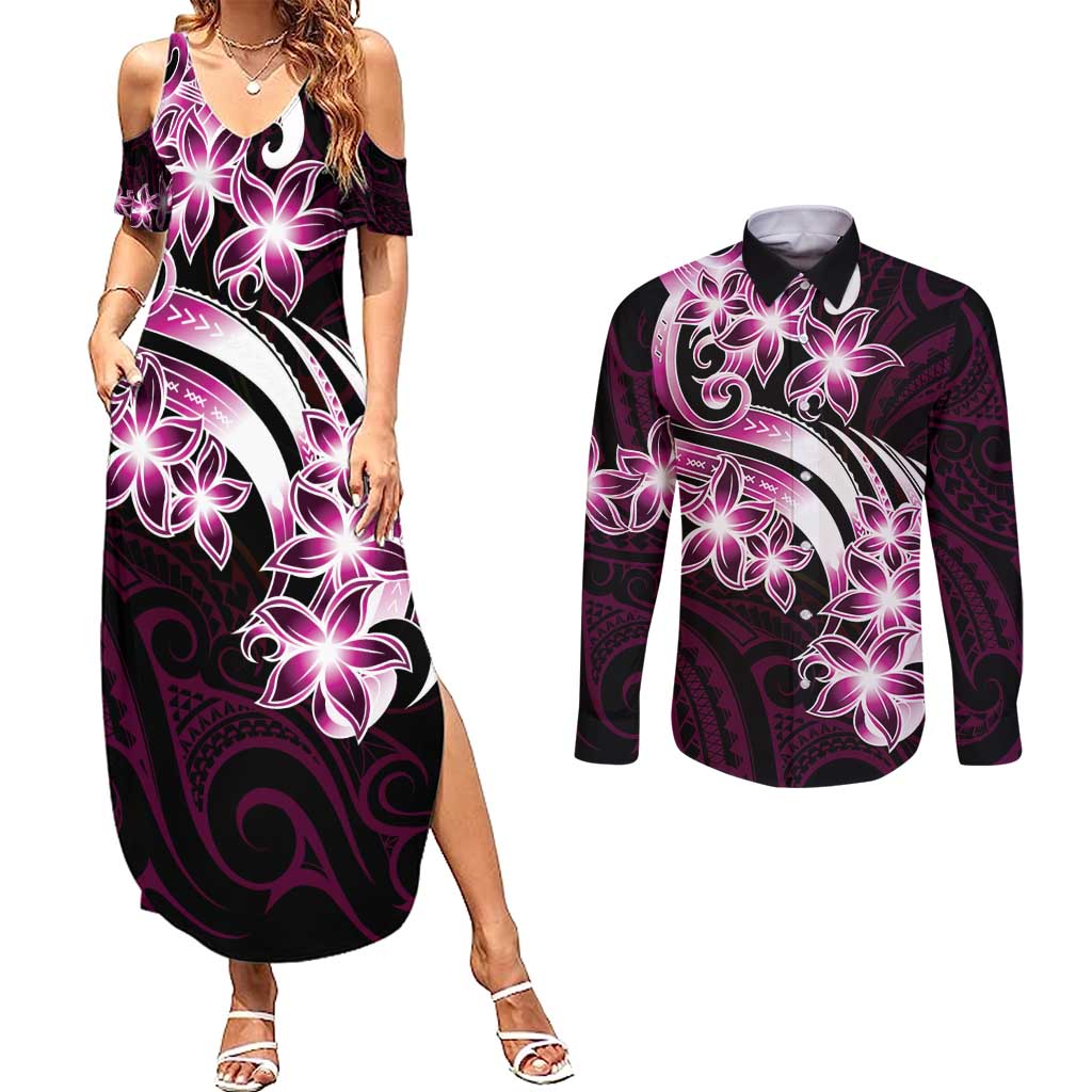 Plumeria Tribal Tattoo Couples Matching Summer Maxi Dress and Long Sleeve Button Shirt Pink Polynesian Pattern LT9 Pink - Polynesian Pride