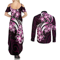 Plumeria Tribal Tattoo Couples Matching Summer Maxi Dress and Long Sleeve Button Shirt Pink Polynesian Pattern LT9 - Polynesian Pride