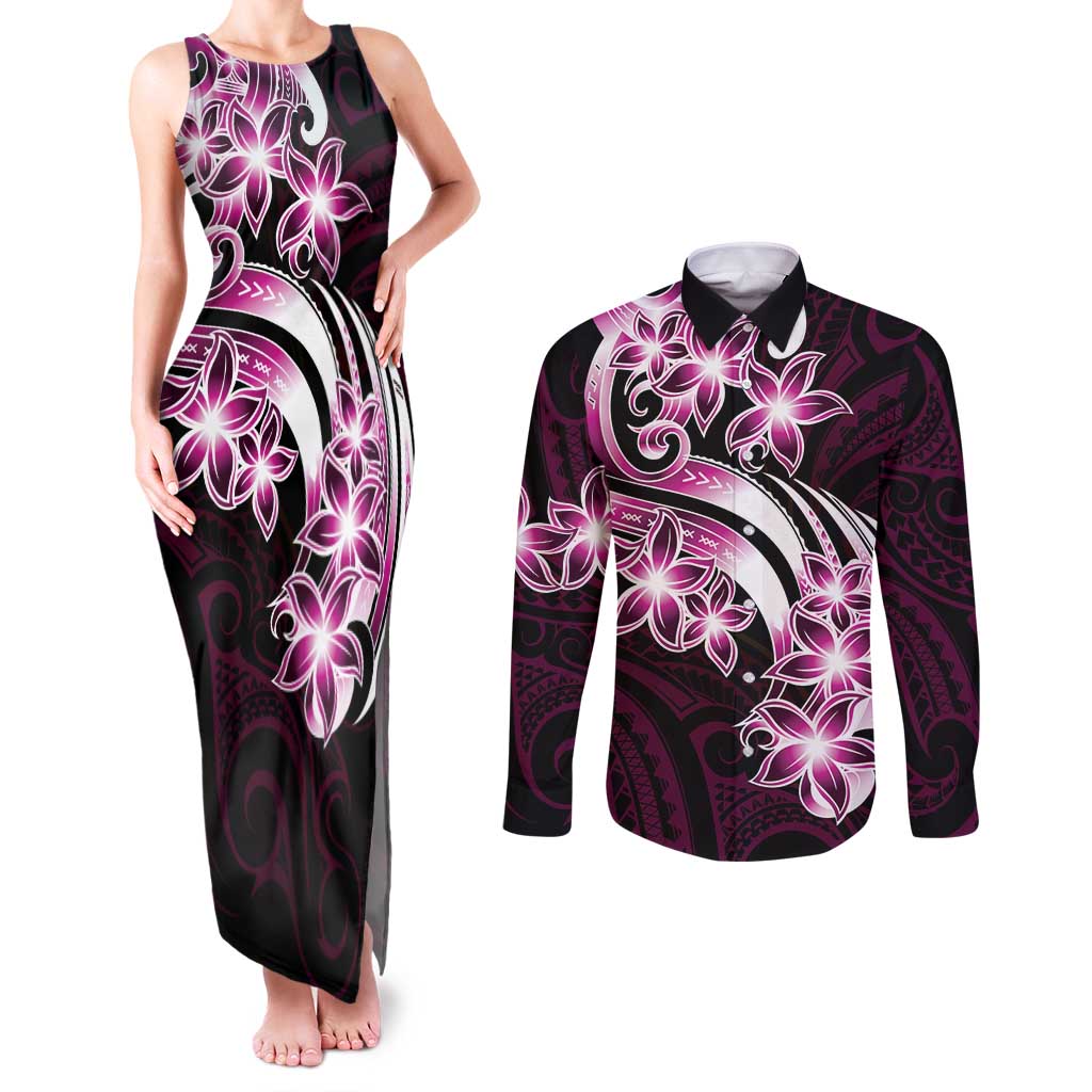 Plumeria Tribal Tattoo Couples Matching Tank Maxi Dress and Long Sleeve Button Shirt Pink Polynesian Pattern LT9 Pink - Polynesian Pride