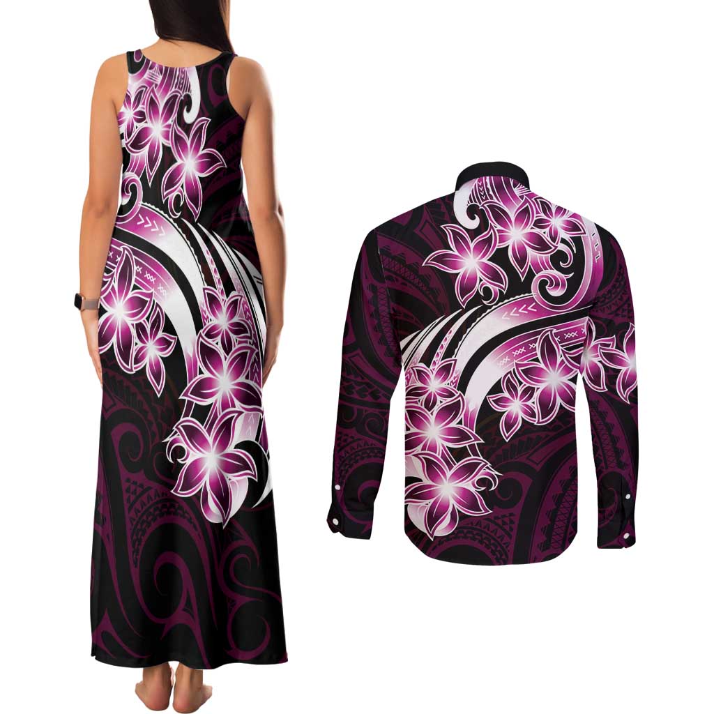 Plumeria Tribal Tattoo Couples Matching Tank Maxi Dress and Long Sleeve Button Shirt Pink Polynesian Pattern LT9 - Polynesian Pride