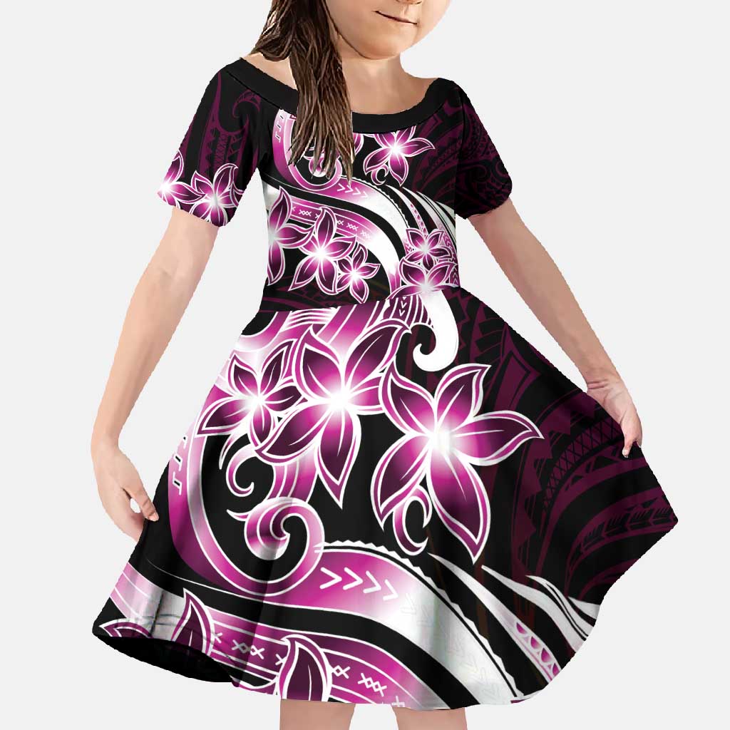 Plumeria Tribal Tattoo Family Matching Long Sleeve Bodycon Dress and Hawaiian Shirt Pink Polynesian Pattern LT9 Daughter's Dress Pink - Polynesian Pride