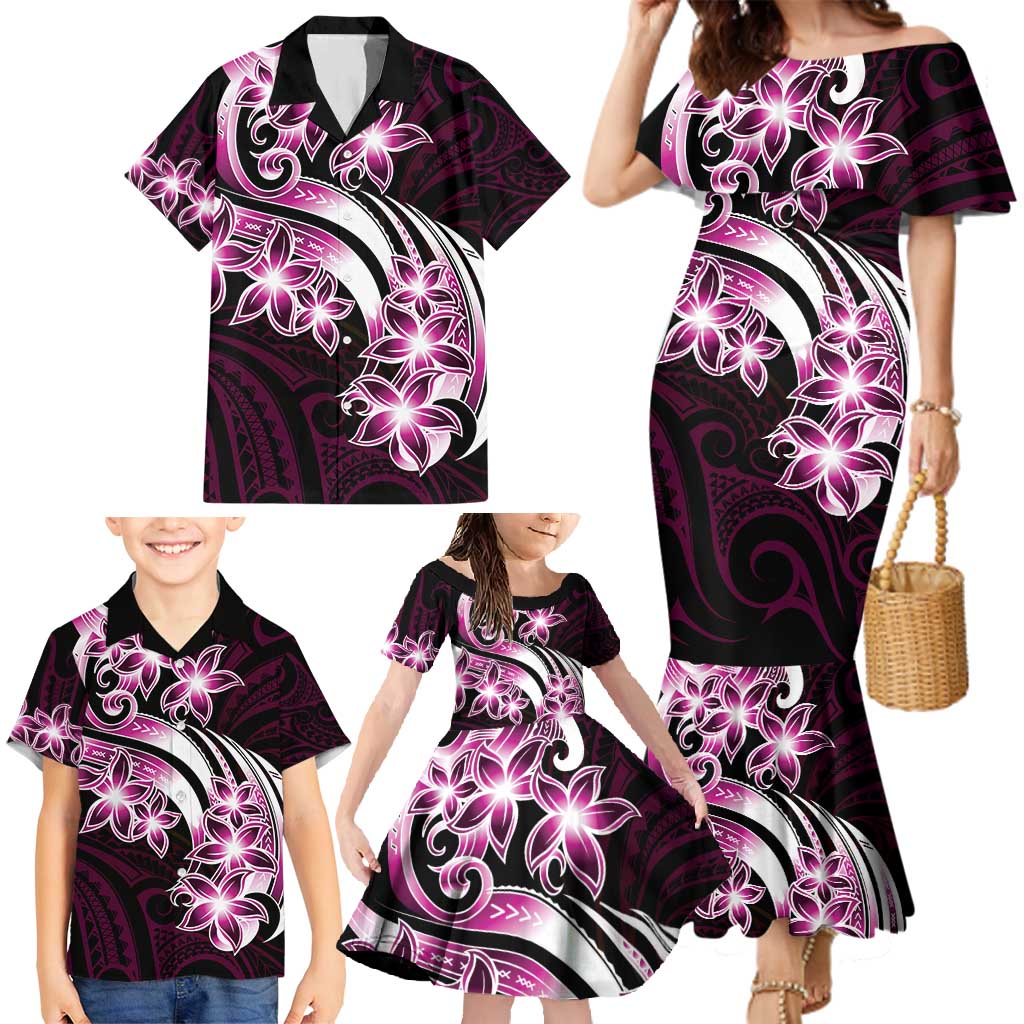 Plumeria Tribal Tattoo Family Matching Mermaid Dress and Hawaiian Shirt Pink Polynesian Pattern