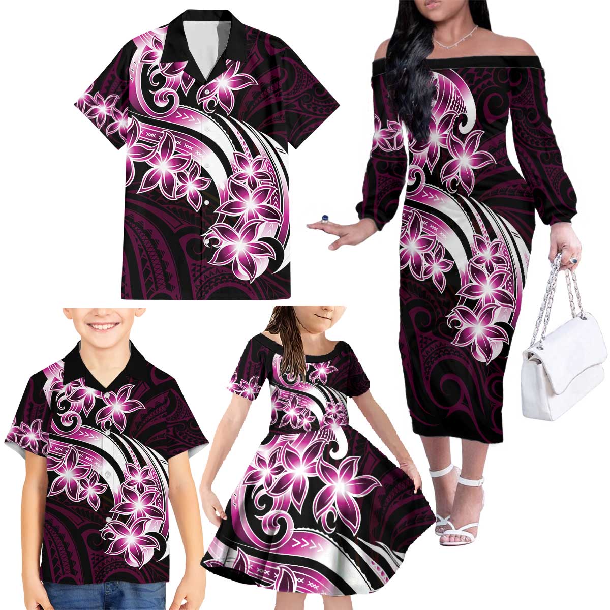 Plumeria Tribal Tattoo Family Matching Off The Shoulder Long Sleeve Dress and Hawaiian Shirt Pink Polynesian Pattern