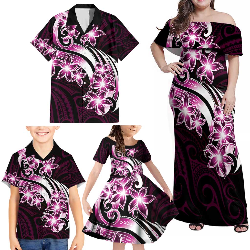 Plumeria Tribal Tattoo Family Matching Off Shoulder Maxi Dress and Hawaiian Shirt Pink Polynesian Pattern