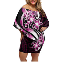 Plumeria Tribal Tattoo Family Matching Off Shoulder Short Dress and Hawaiian Shirt Pink Polynesian Pattern