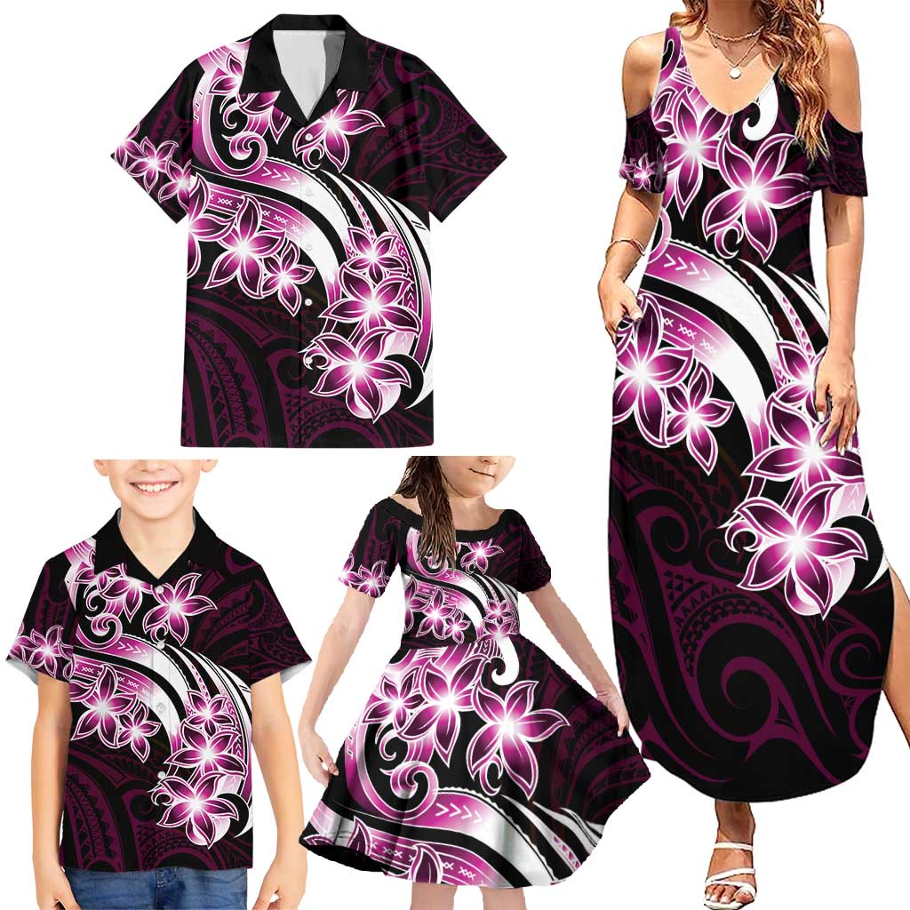 Plumeria Tribal Tattoo Family Matching Summer Maxi Dress and Hawaiian Shirt Pink Polynesian Pattern