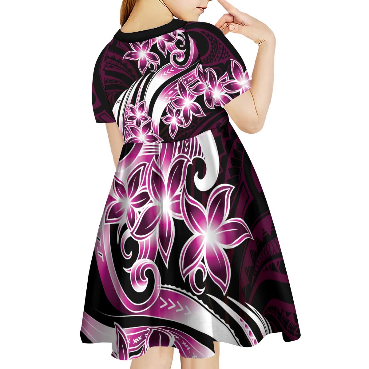 Plumeria Tribal Tattoo Kid Short Sleeve Dress Pink Polynesian Pattern