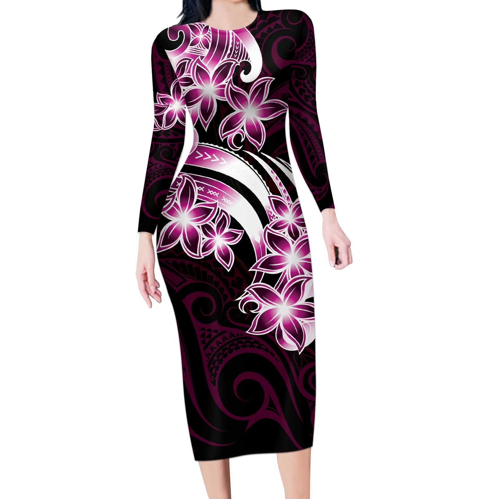 Plumeria Tribal Tattoo Long Sleeve Bodycon Dress Pink Polynesian Pattern