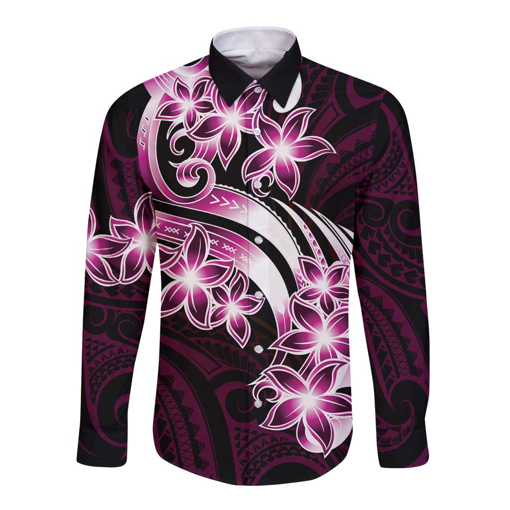 Plumeria Tribal Tattoo Long Sleeve Button Shirt Pink Polynesian Pattern