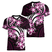 Plumeria Tribal Tattoo Women V-Neck T-Shirt Pink Polynesian Pattern