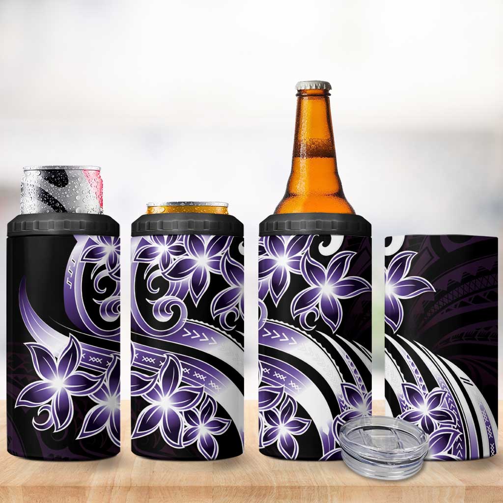 Plumeria Tribal Tattoo 4 in 1 Can Cooler Tumbler Purple Polynesian Pattern