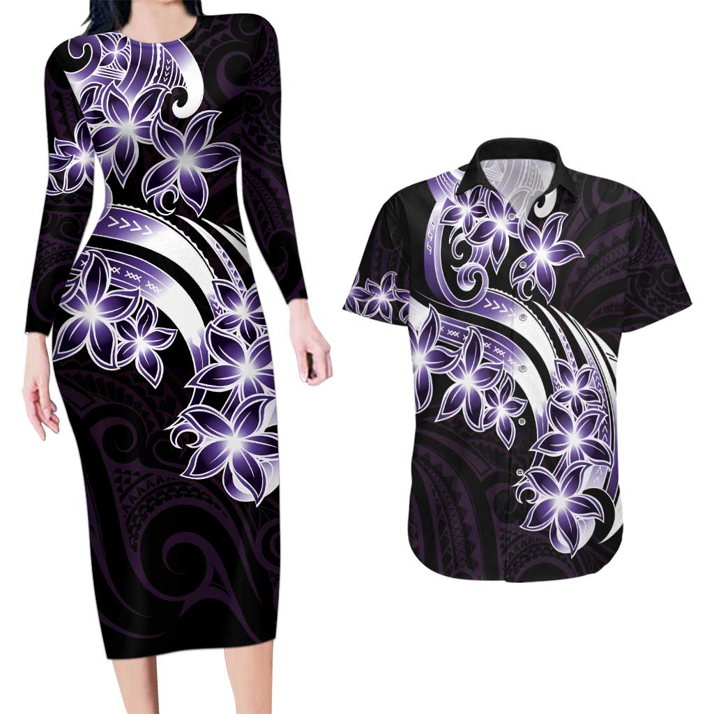 Plumeria Tribal Tattoo Couples Matching Long Sleeve Bodycon Dress and Hawaiian Shirt Purple Polynesian Pattern LT9 Purple - Polynesian Pride