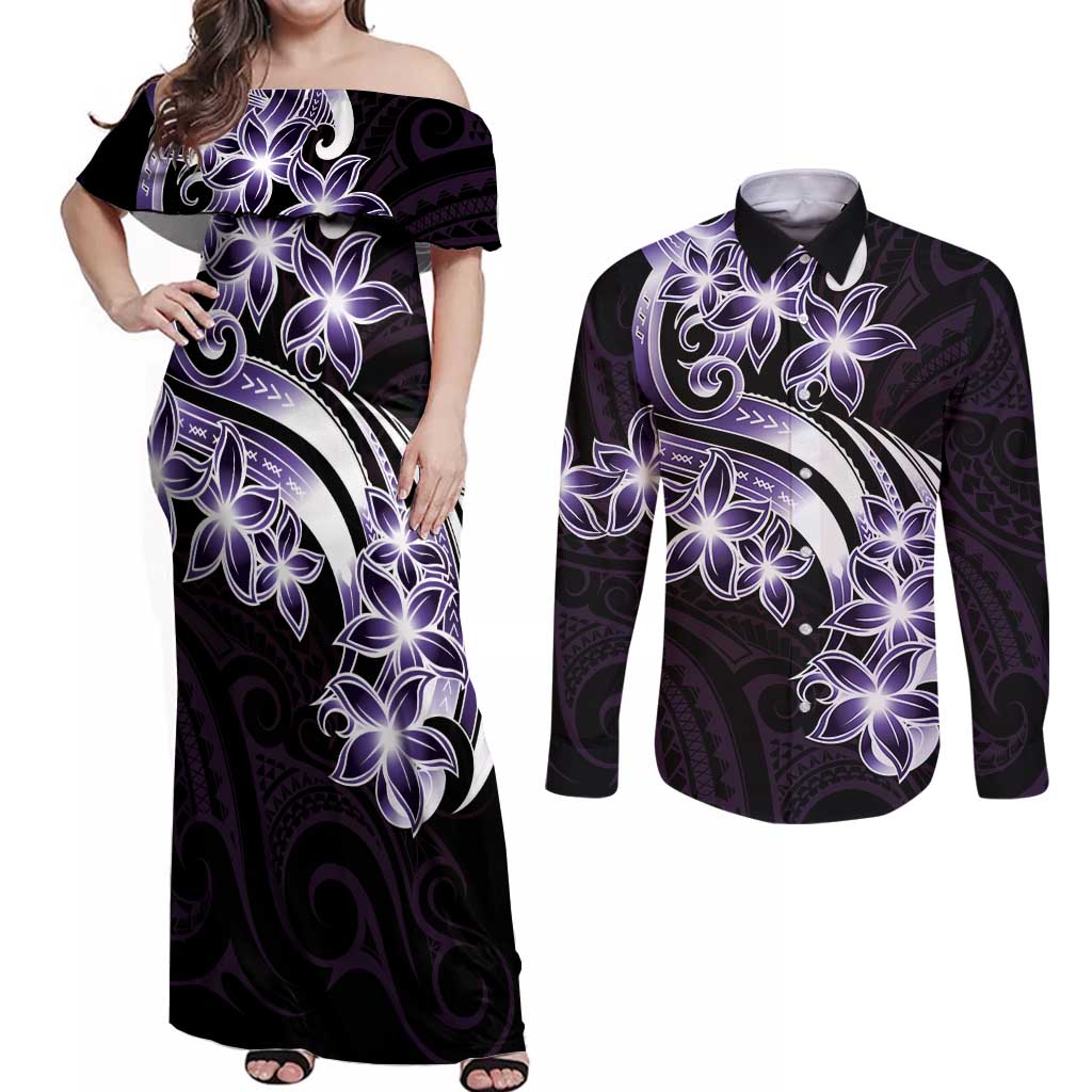 Plumeria Tribal Tattoo Couples Matching Off Shoulder Maxi Dress and Long Sleeve Button Shirt Purple Polynesian Pattern LT9 Purple - Polynesian Pride