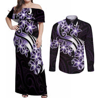 Plumeria Tribal Tattoo Couples Matching Off Shoulder Maxi Dress and Long Sleeve Button Shirt Purple Polynesian Pattern LT9 Purple - Polynesian Pride
