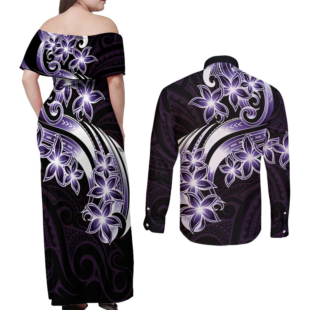 Plumeria Tribal Tattoo Couples Matching Off Shoulder Maxi Dress and Long Sleeve Button Shirt Purple Polynesian Pattern LT9 - Polynesian Pride