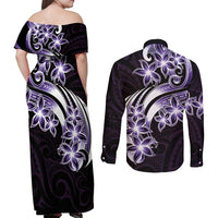 Plumeria Tribal Tattoo Couples Matching Off Shoulder Maxi Dress and Long Sleeve Button Shirt Purple Polynesian Pattern LT9 - Polynesian Pride