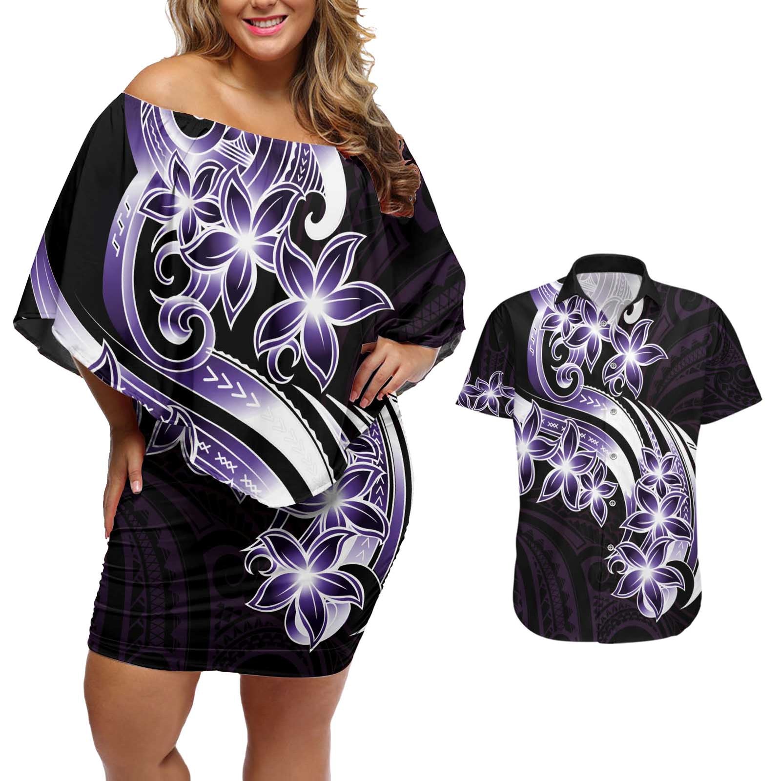 Plumeria Tribal Tattoo Couples Matching Off Shoulder Short Dress and Hawaiian Shirt Purple Polynesian Pattern LT9 Purple - Polynesian Pride