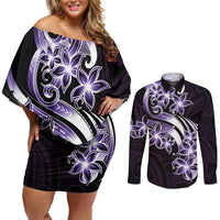 Plumeria Tribal Tattoo Couples Matching Off Shoulder Short Dress and Long Sleeve Button Shirt Purple Polynesian Pattern LT9 Purple - Polynesian Pride